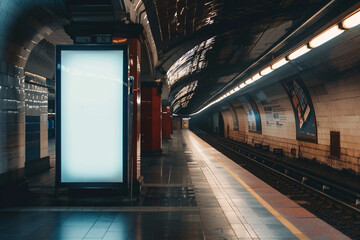 Blank white vertical digital billboard in underground metro station 