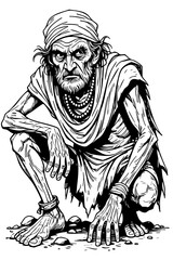 Black and White Illustration of Crouching Elderly Man – Hand-Drawn Tribal or Mystical Character Art for Folklore, Comics, and Concept Design