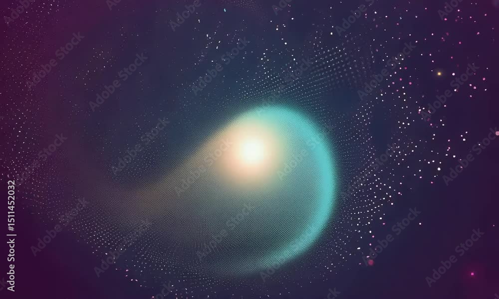 Poster abstract digital wave with glowing particles flowing across a dark gradient background in shades of 