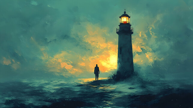 A solitary figure stands before a lighthouse at sunset.