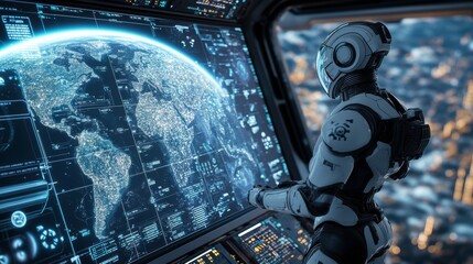 Futuristic Robot Gazing at Earth from Advanced Space Control Room