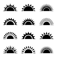 A collection of twelve sun icons in a three by four arrangement  isolated on transparent background, no background