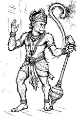 Black and White Illustration of Lord Hanuman Holding Gada – Hand-Drawn Hindu Devotional Deity in Traditional Pose for Spiritual Art and Cultural Projects