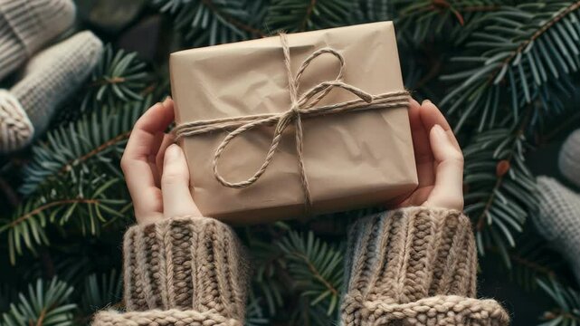 A pair of hands wearing a knitted sweater gently holds a brown paper wrapped gift tied with twine. Evergreen branches frame the present, creating a cozy and festive holiday atmosphere.