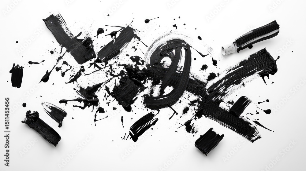 Poster raw black ink scribbles forming chaotic pattern on clean white background, expressive mark-making