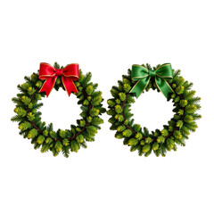 Two Christmas decorative wreaths with red and green bows, perfect for festive holiday celebrations