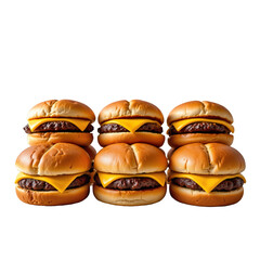 Five Classic Cheeseburgers with Melted Cheese on Soft Buns Isolated on a White Background