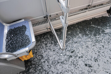 unbreakable frontal glass damaged by crash in a public transport bus