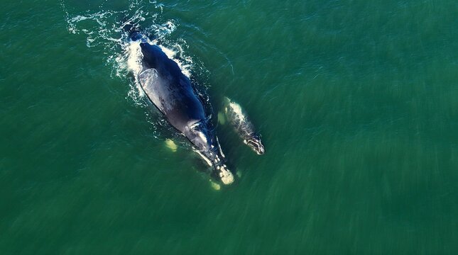 Bowhead whale family swimming together in calm blue ocean water, Mother cares calf. Aerial view pod of bowhead whale spouting hug play. Whale watching of migrate Baleen whales South Africa. Shark