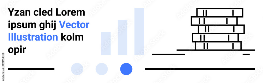Aufkleber stack of books, bar graph, placeholder text, geometric shapes emphasizing minimalism and structure. 