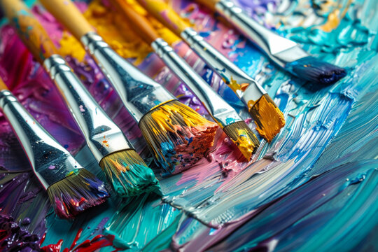 Colorful paint brush splashes on canvas. Row of artist paint brushes close up on artistic canvas