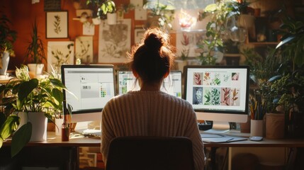 Creative Workspace with Lush Plants and Computer Screens