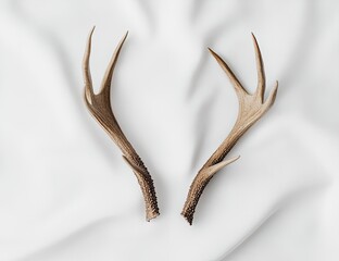 Obraz premium Two deer antlers on white fabric