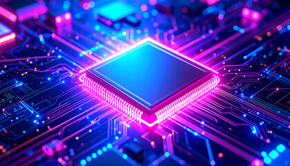 Futuristic microchip with glowing circuits, showcasing advanced technology and vibrant colors in a digital landscape