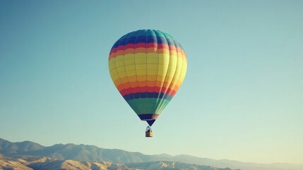 Colorful Hot Air Balloon Floating in Clear Blue Sky Over Mountains