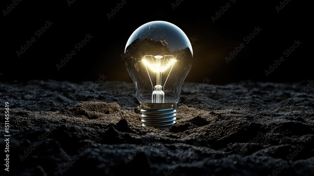 Poster illuminated bulb casting soft glow on rough ground in complete darkness, conceptual shot