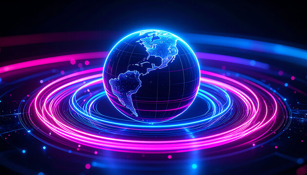 A glowing globe surrounded by vibrant, swirling neon rings, representing a digital world interconnected by technology and energy