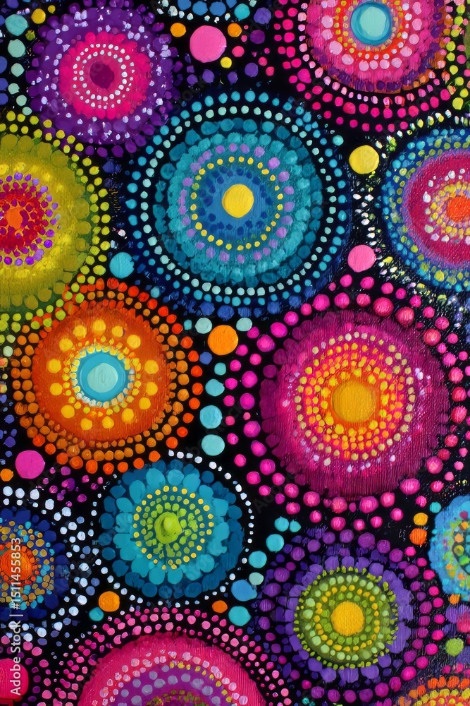 Poster colorful pointillism art featuring vibrant circular patterns on a dark background