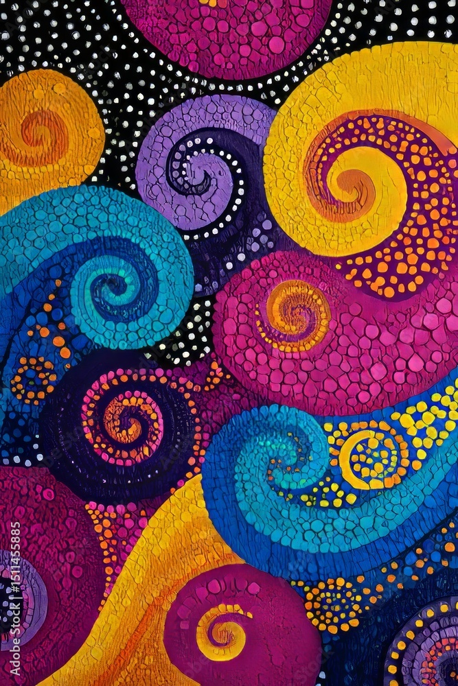Poster vivid pointillism swirls featuring bright colors and dynamic patterns in an abstract composition
