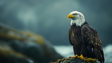 Obraz premium Majestic bald eagle perched on a rock.