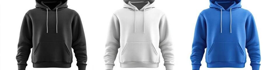 Three blank hoodies in black, white, and blue