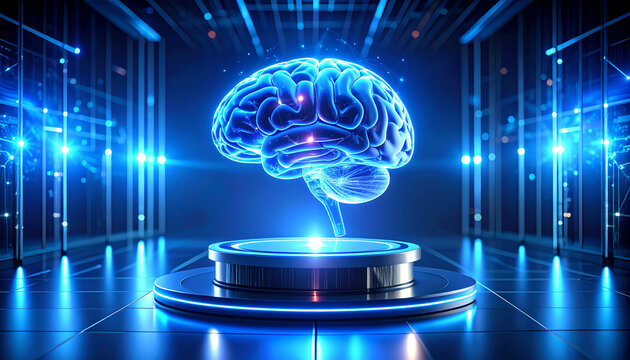A glowing blue brain is displayed on a platform in a futuristic, high-tech environment, surrounded by bright lights and digital patterns