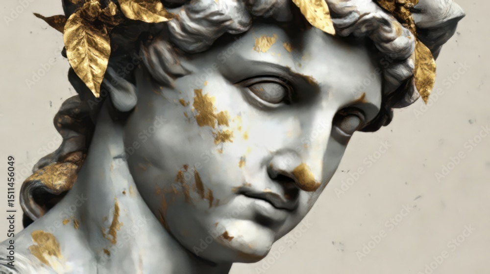 Poster portrait of a classical figure adorned with golden leaves in pointillism style of art, capturing tim
