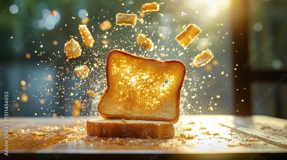 Poster golden toast popping up in dynamic motion shot, cozy morning scene with wood counter and light