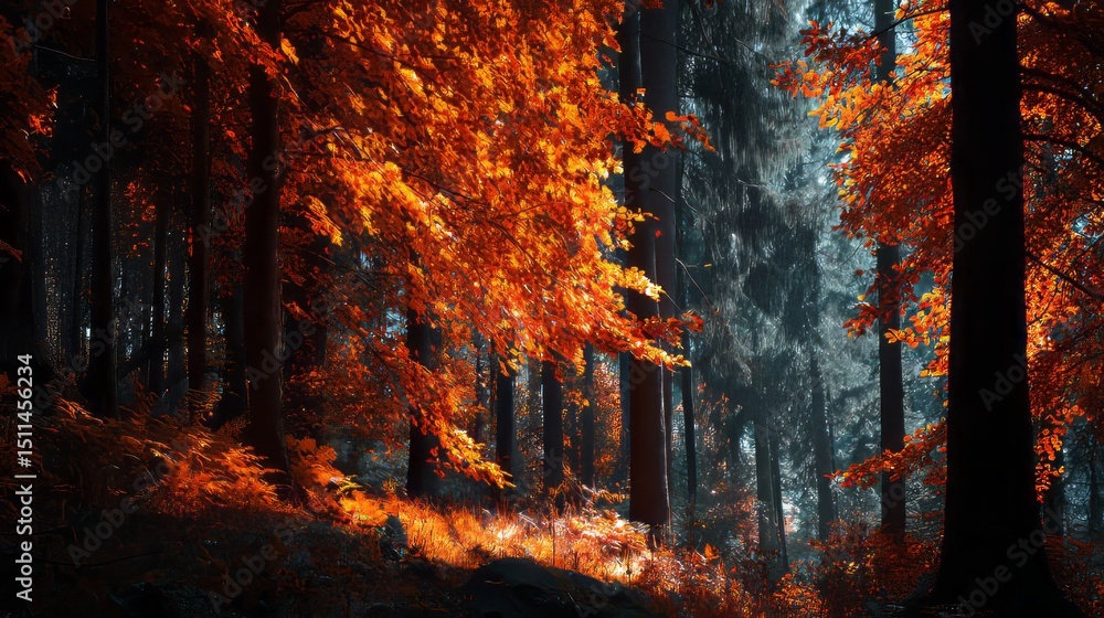 Poster autumn forest landscape showcasing vibrant orange foliage in a serene setting with gentle light filt