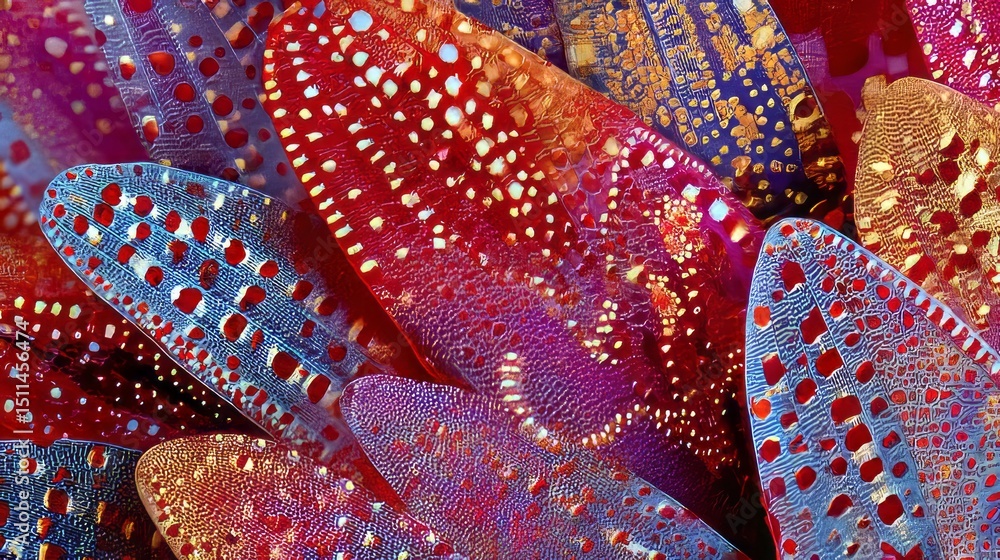 Poster colorful pointillism artwork showcasing intricate patterns on vibrant leaf structures in an abstract