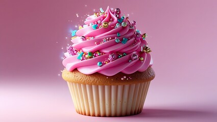 Delicious cupcake with pink frosting and sprinkles against a soft pink background for celebrations.