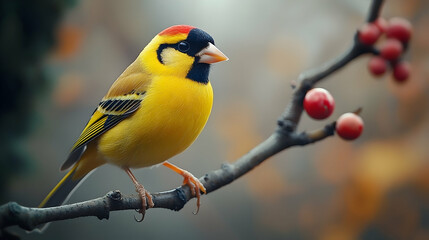 Naklejka premium Vibrant yellow bird perched on a branch with red berries.