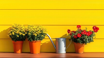Vibrant Yellow Wall with Blooming Potted Flowers and Watering Can
