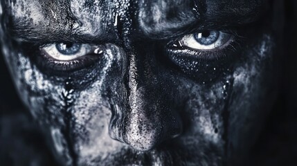 Dark Eyes,  Fierce Gaze: A Close-Up Portrait of a Man with  Intense Makeup