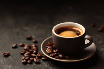 Fototapeta premium Coffee cup and coffee beans on dark background, closeup