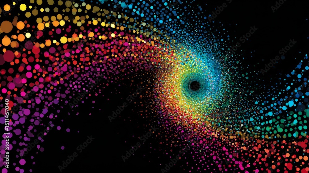 Poster colorful pointillism design creating a swirling vortex of light and color against a black background