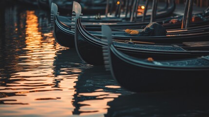 Serene Sunset over Gondolas Floating on Calm Venetian Waters