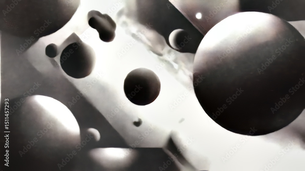 Poster exploration of spherical forms in pointillism style revealing depth and dimension in a monochromatic