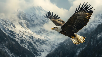 Obraz premium Majestic eagle soaring above snow-capped mountains.