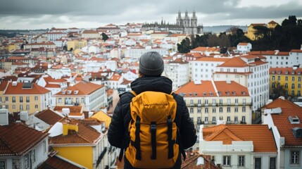 Solo Traveler Overlooking Lisbon Cityscape with Colored Rooftops