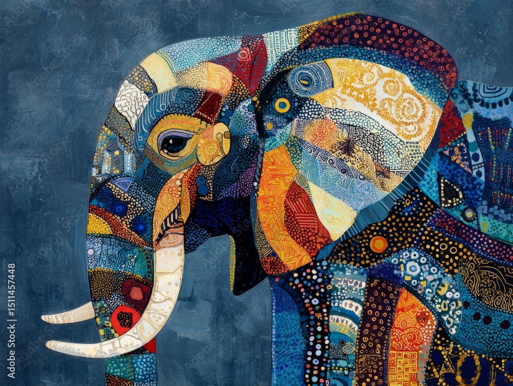 Poster vibrant elephant portrait created using pointillism technique showcasing intricate patterns and colo