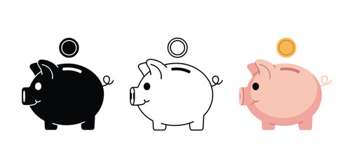 Piggy Bank Variations Black White Pink Coin Illustration