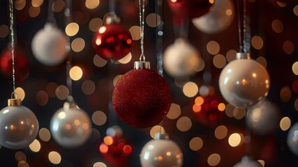 A colorful display of red and white Christmas ornaments hangs against a backdrop of shimmering bokeh lights, evoking the joyful spirit and festive cheer of this warm, togethernessfilled season - Powered by Adobe