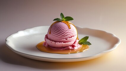Delicious pink ice cream scoop with syrup and mint leaves on a white plate