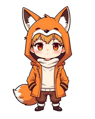 Adorable Fox Hoodie Character Illustration Cute Anime-Style Boy in a Cozy Orange Fox Costume