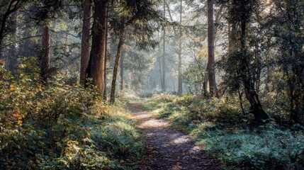 Obraz premium Path winding through a serene forest illuminated by morning light and delicate mist