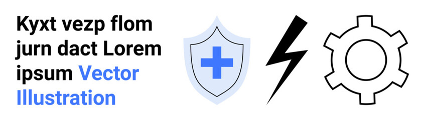 Shield with cross, bold lightning bolt, and gear icon symbolizing health, energy, and system operation. Ideal for healthcare, energy, technology, innovation mechanics development simple landing