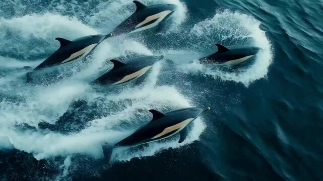 Pod of Commerson's Dolphins Surfing Ocean Waves