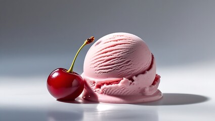 Delicious scoop of pink ice cream with a fresh red cherry on a reflective surface