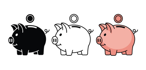Three Piggy Banks Black, White, and Pink Illustrations